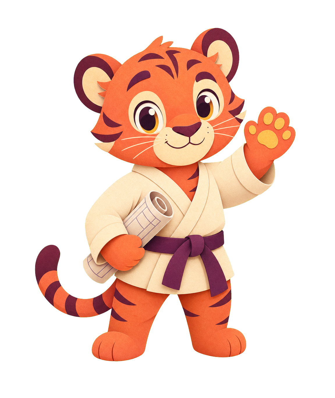 Doji, Dojo Fund's friendly tiger guide, waving while carrying a product blueprint